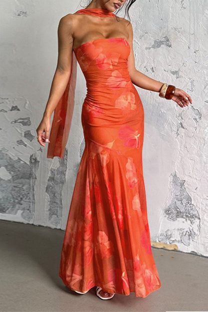 Strapless Tropical Floral Mesh Ruched Neck Scarf Detail Mermaid Maxi Dress