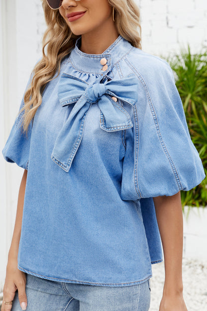 Fashionable Tie-up Bow Loose Lantern Sleeve Denim Top