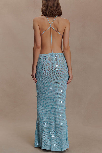 All Shimmer Knit Crochet Sequin Open Back Lace-up Vacation Maxi Dress
