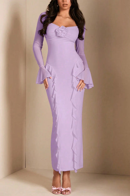 Solid Color Long-sleeved Ruffled Slim-fit Maxi Dress