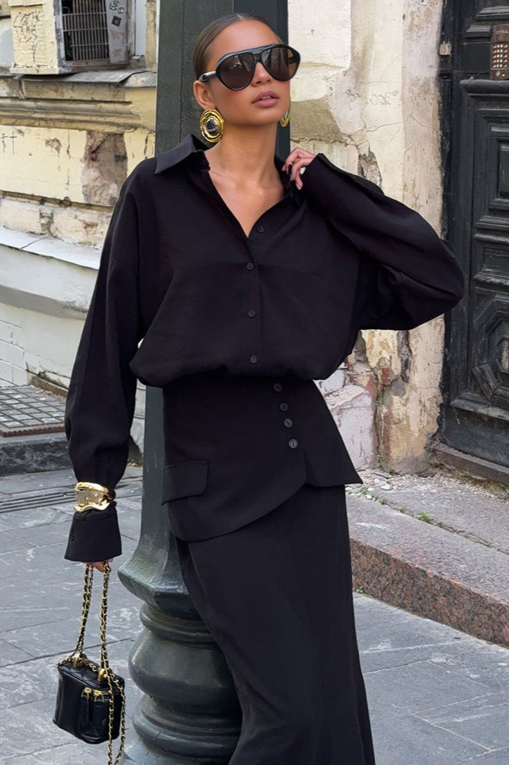 | Solid Long Sleeve Shirtdress Two Piece Set
