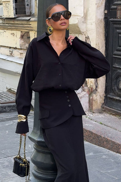 | Solid Long Sleeve Shirtdress Two Piece Set