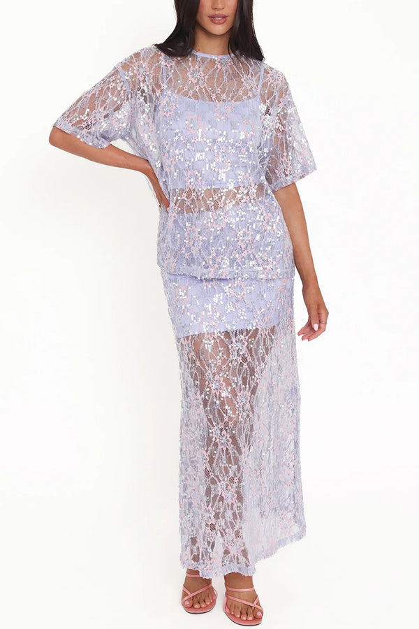 Catch The Light Sheer Sequin Lace High Rise Elastic Waist Maxi Skirt