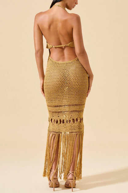 Fashionable Open-knit Backless Elegant Tassel Hem Vacation Cover-up Maxi Dress