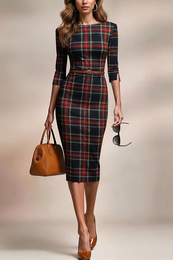 Plaid Print Half Sleeves Fitted Elegant Midi Dress