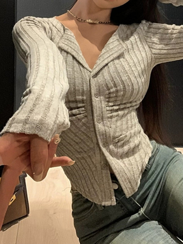 Lapel Neck Ruched Slim Long Sleeve Knit