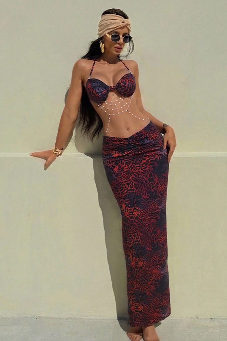 Bow Front Halter Abstract Marble Print Ruched V-Waist Maxi Skirt Two Piece Set