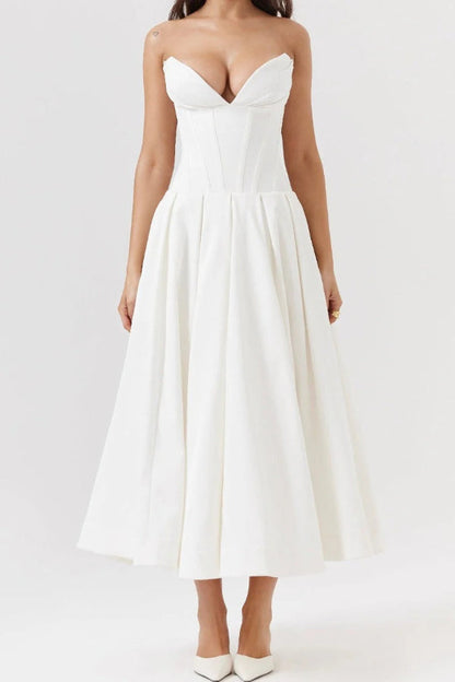 Strapless Corset Sweetheart Neckline Pleated Full Skirt Midi Dress