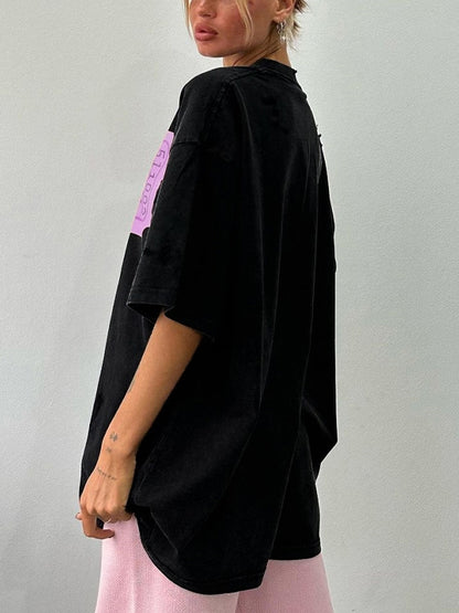 Contrast Letter Print Tattered Design Oversized Short Sleeve Tee