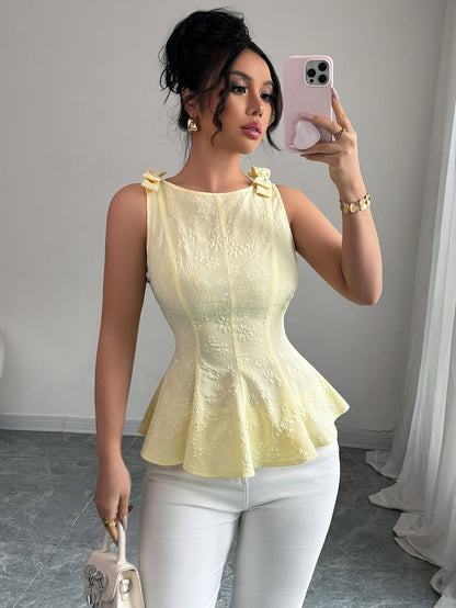 Women's Round Neck Sleeveless Flared Top – Floral Bow Accent Blouse