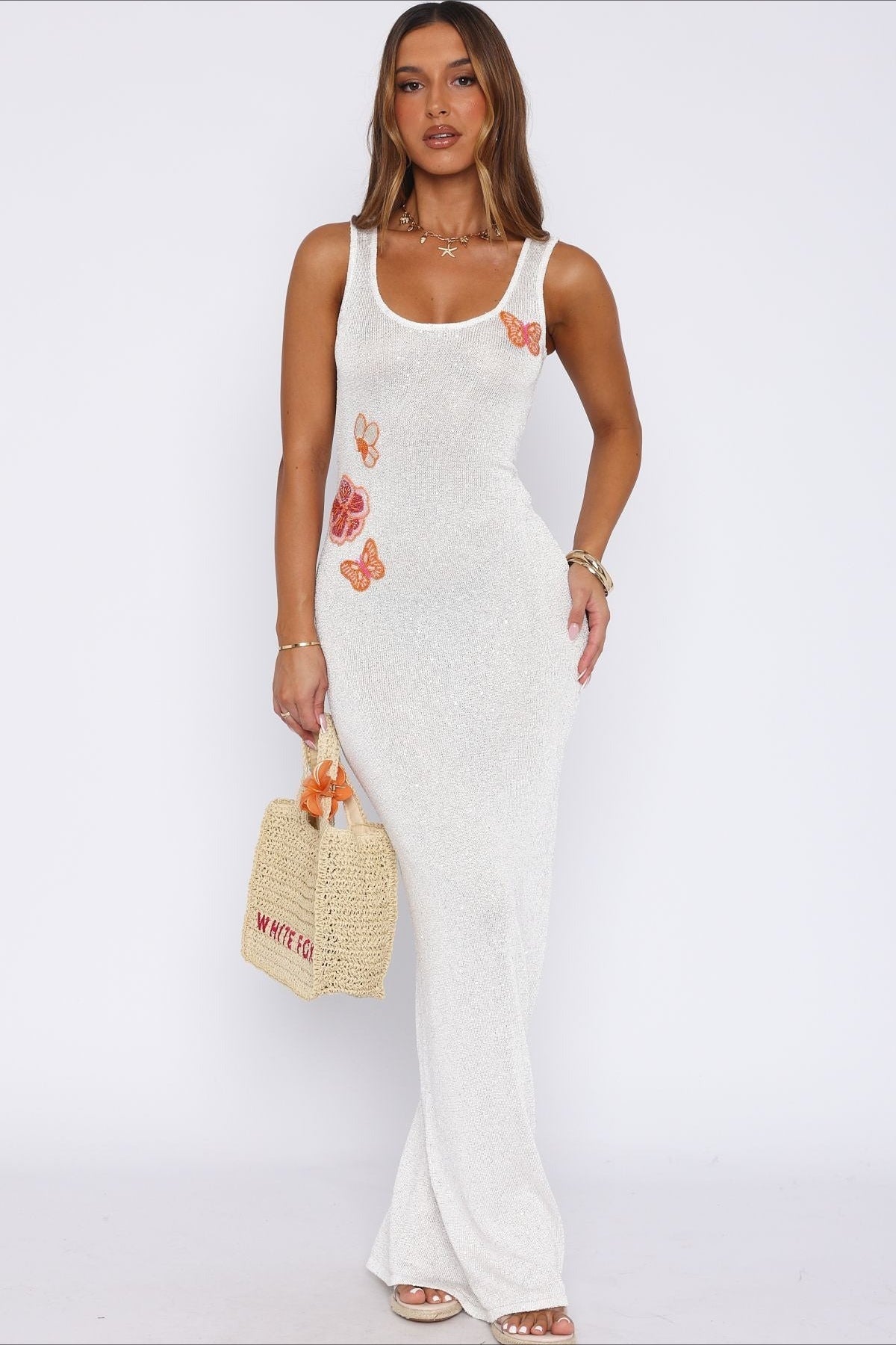Scoop Neck Shimmer Knit Shell Applique Beaded Bodycon Midi Dress
