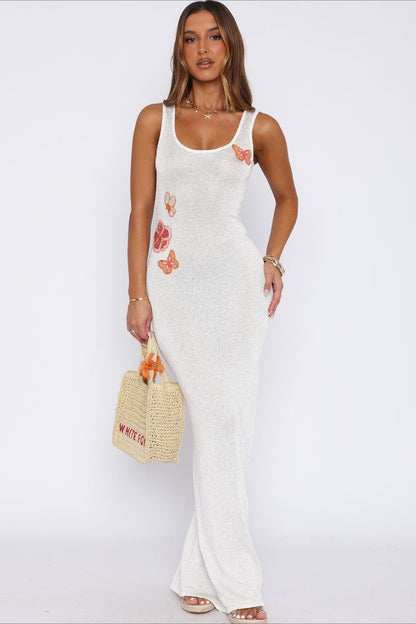 Scoop Neck Shimmer Knit Shell Applique Beaded Bodycon Midi Dress