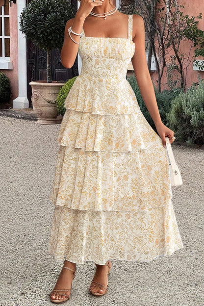 Square Neck Ruched Wide Strap Tiered Toile Floral Print Maxi Dress