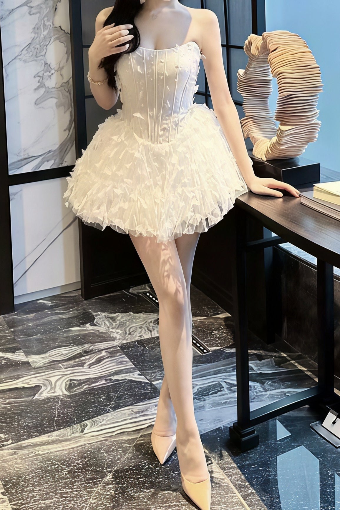 Strapless Corset Bodice 3D Butterfly Applique Ruffle Tiered Mini Dress