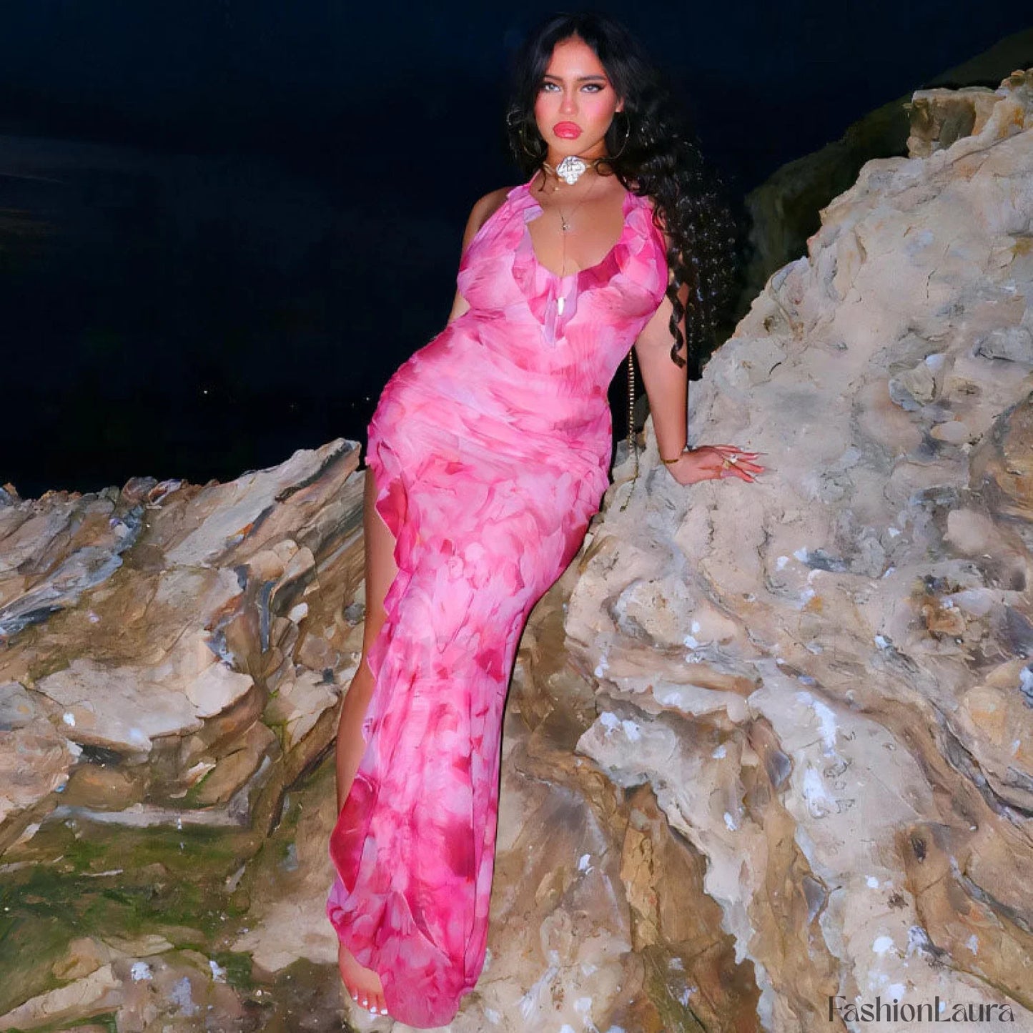 Beach Vacation Tie Dye Print Ruffle Trim Halter Maxi Dress - Pink