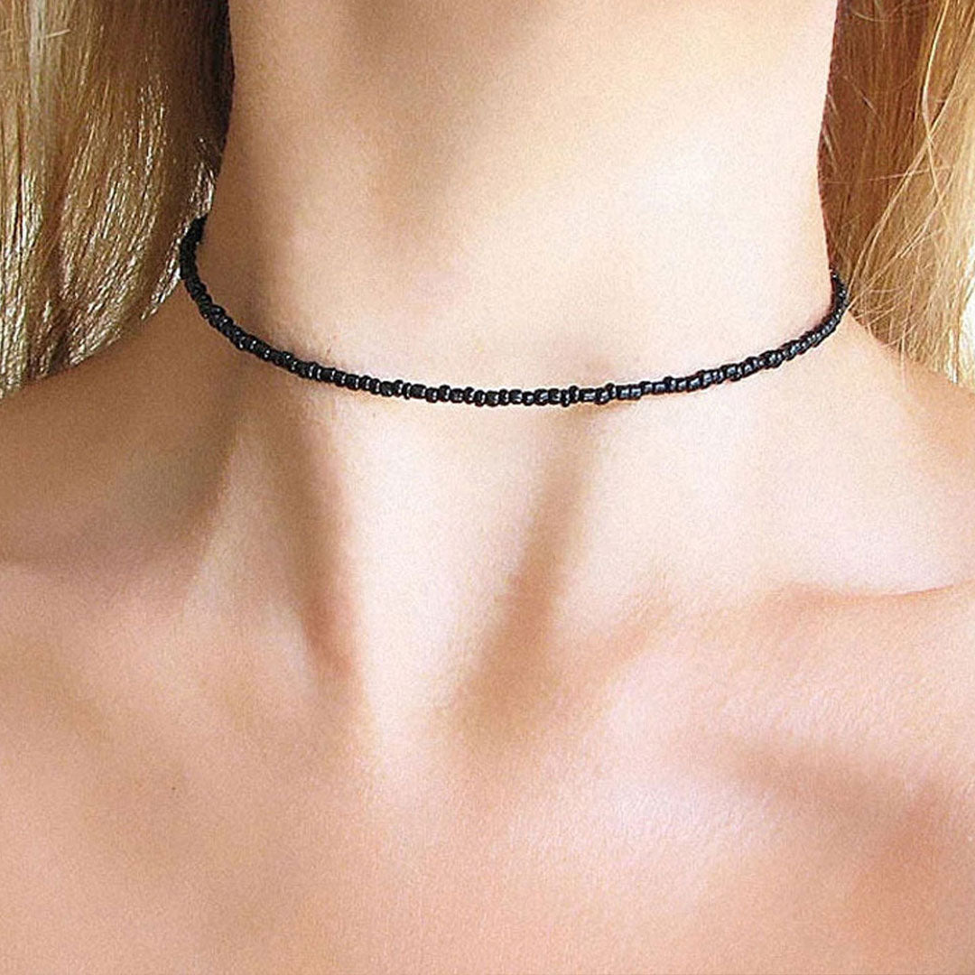 Polished Seed Bead Choker Necklace - Black