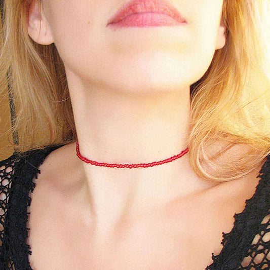 Red Beachy Polished Seed Bead Enamel Choker Necklace