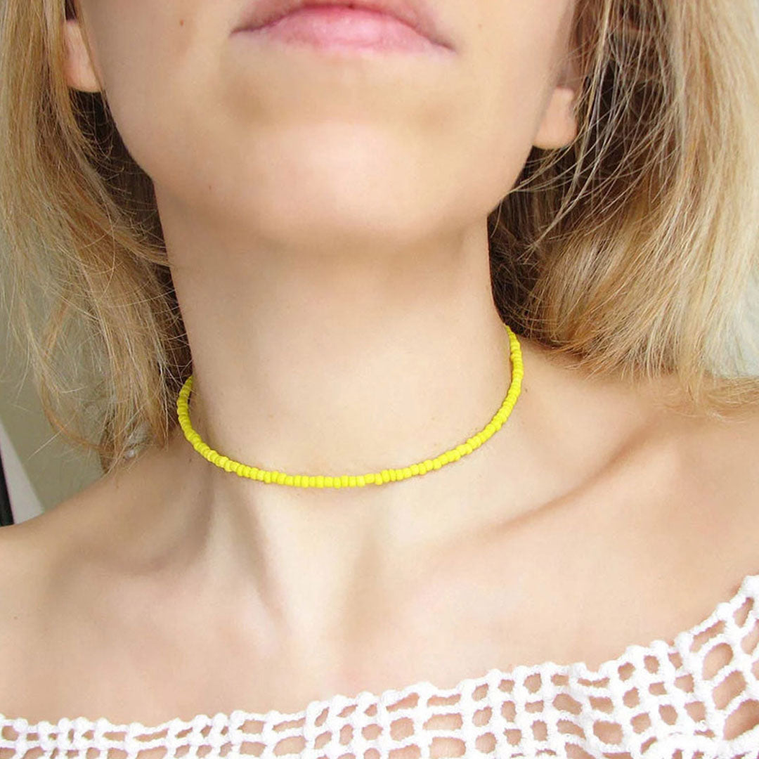 Yellow Beachy Enamel Bead Choker Necklace