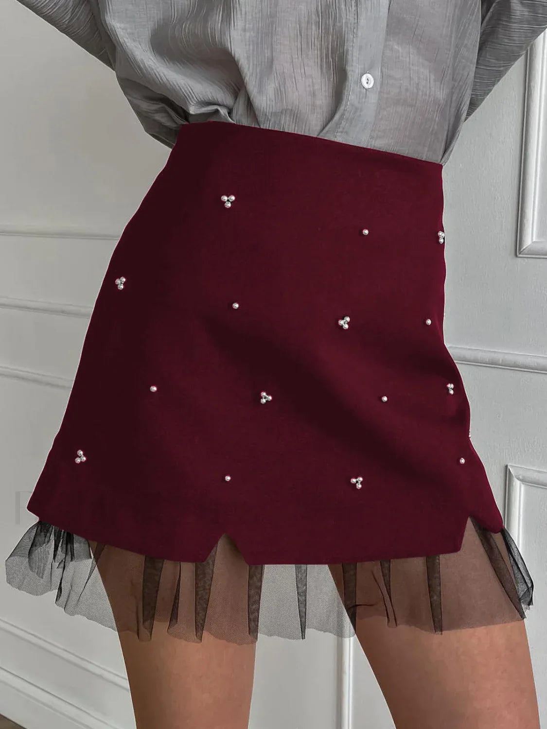 Beaded Tulle Trim A Line Skirt