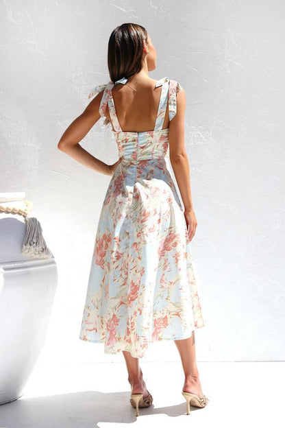 Watercolor Floral Sweetheart Ruched Bust Tie-Shoulder Pleated Midi Dress