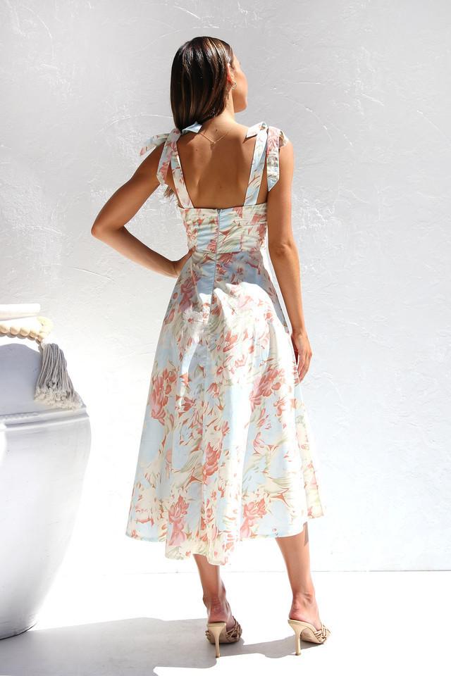 Watercolor Floral Print Bow Strap Sweetheart Fit and Flare Midi Dress