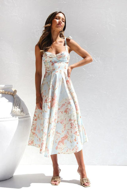 Watercolor Floral Print Bow Strap Sweetheart Fit and Flare Midi Dress