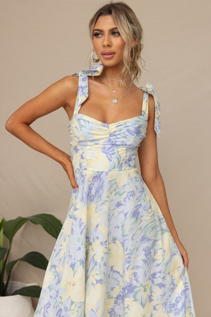 Watercolor Floral Print Bow Strap Sweetheart Fit and Flare Midi Dress