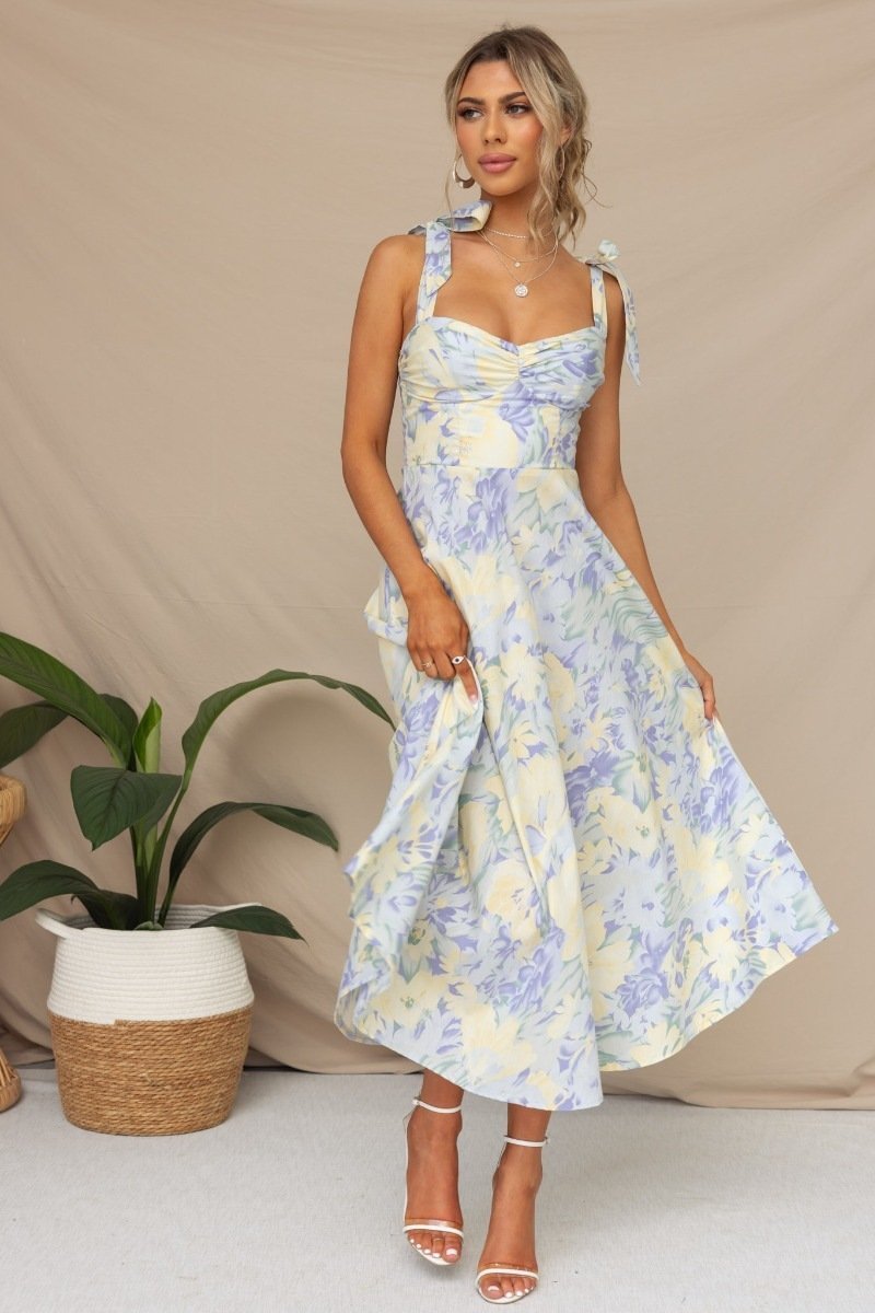 Watercolor Floral Print Bow Strap Sweetheart Fit and Flare Midi Dress
