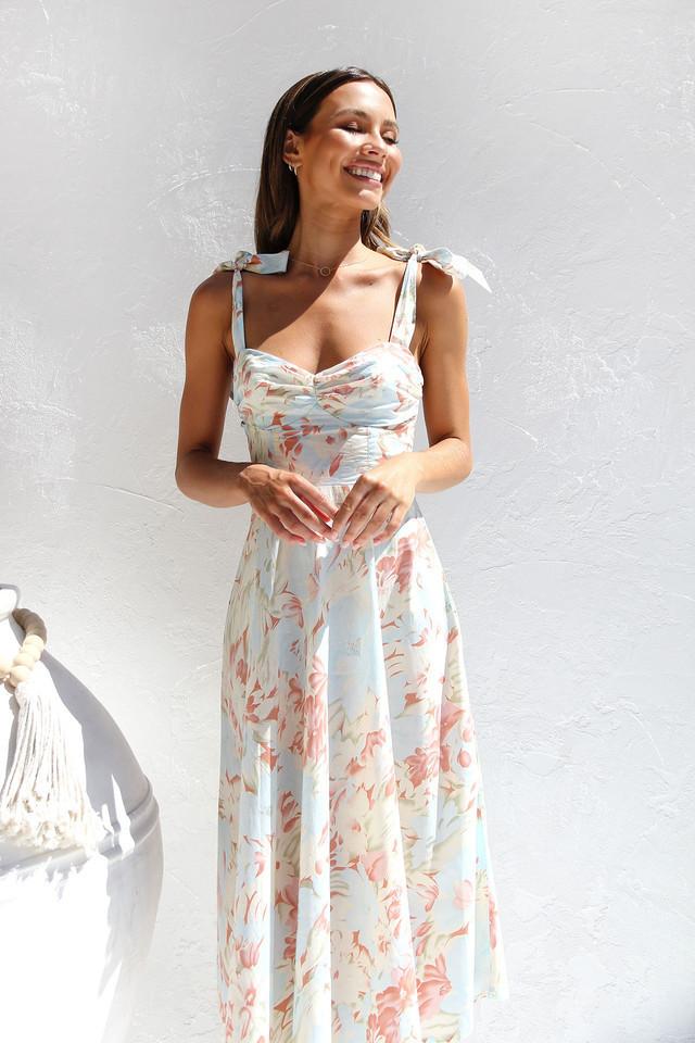 Watercolor Floral Print Bow Strap Sweetheart Fit and Flare Midi Dress