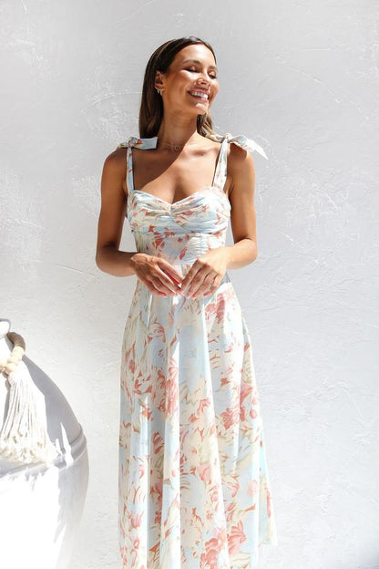 Watercolor Floral Sweetheart Ruched Bust Tie-Shoulder Pleated Midi Dress