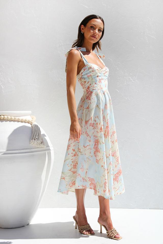Watercolor Floral Print Bow Strap Sweetheart Fit and Flare Midi Dress