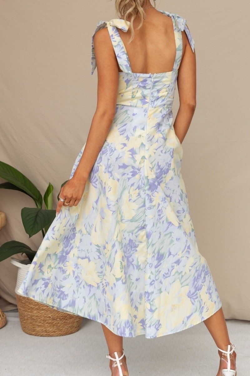 Watercolor Floral Print Bow Strap Sweetheart Fit and Flare Midi Dress