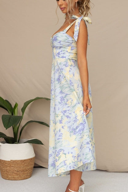 Watercolor Floral Sweetheart Ruched Bust Tie-Shoulder Pleated Midi Dress