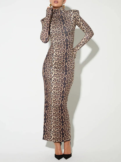 Print Mock Neck Structured Shoulder Long Sleeve Bodycon Maxi Dress
