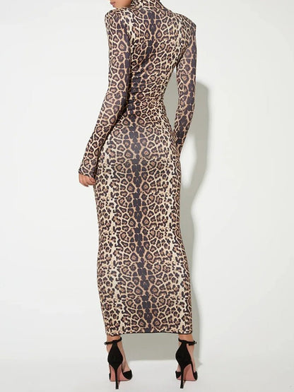 Print Mock Neck Structured Shoulder Long Sleeve Bodycon Maxi Dress