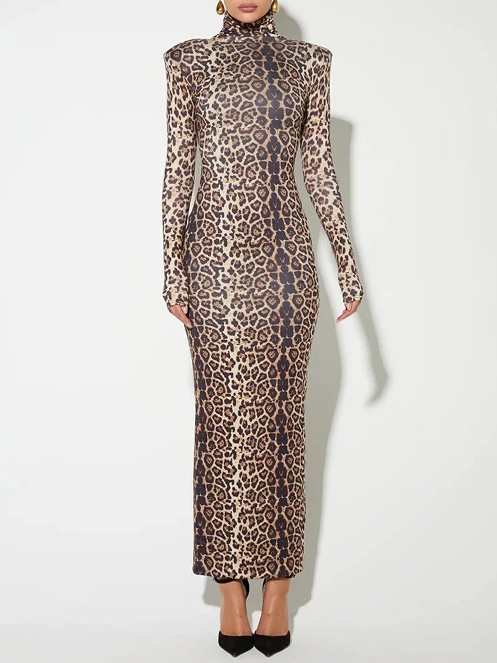 Print Mock Neck Structured Shoulder Long Sleeve Bodycon Maxi Dress