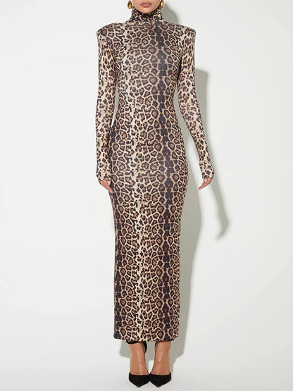 Print Mock Neck Structured Shoulder Long Sleeve Bodycon Maxi Dress
