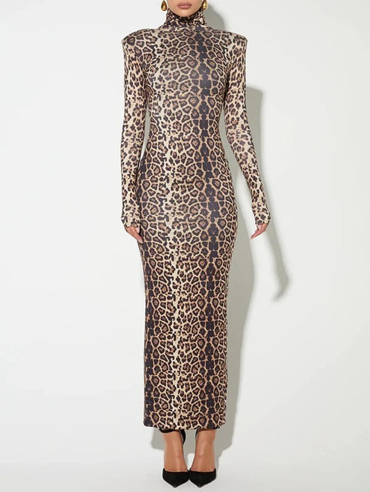 Print Mock Neck Structured Shoulder Long Sleeve Bodycon Maxi Dress