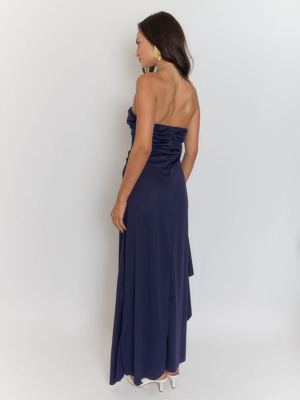 Strapless Side Ruched Drape High Slit Bandeau Maxi Dress