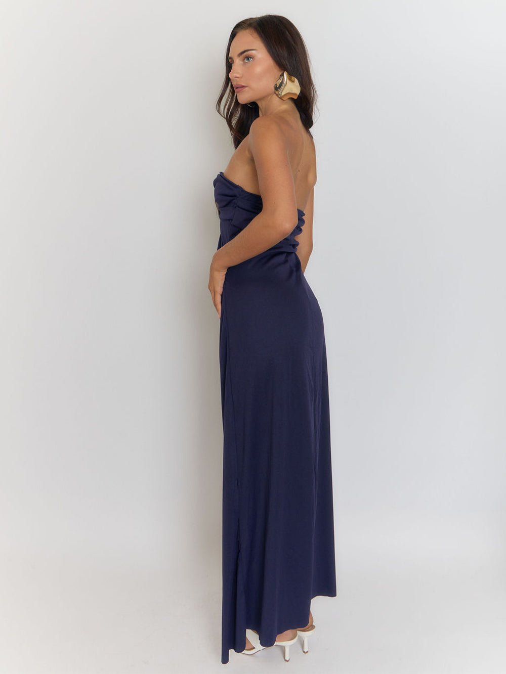 Strapless Side Ruched Drape High Slit Bandeau Maxi Dress