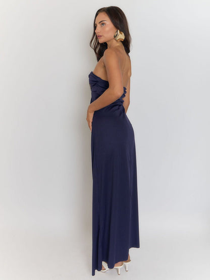 Strapless Side Ruched Drape High Slit Bandeau Maxi Dress