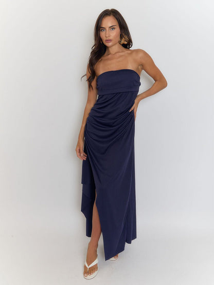 Strapless Side Ruched Drape High Slit Bandeau Maxi Dress