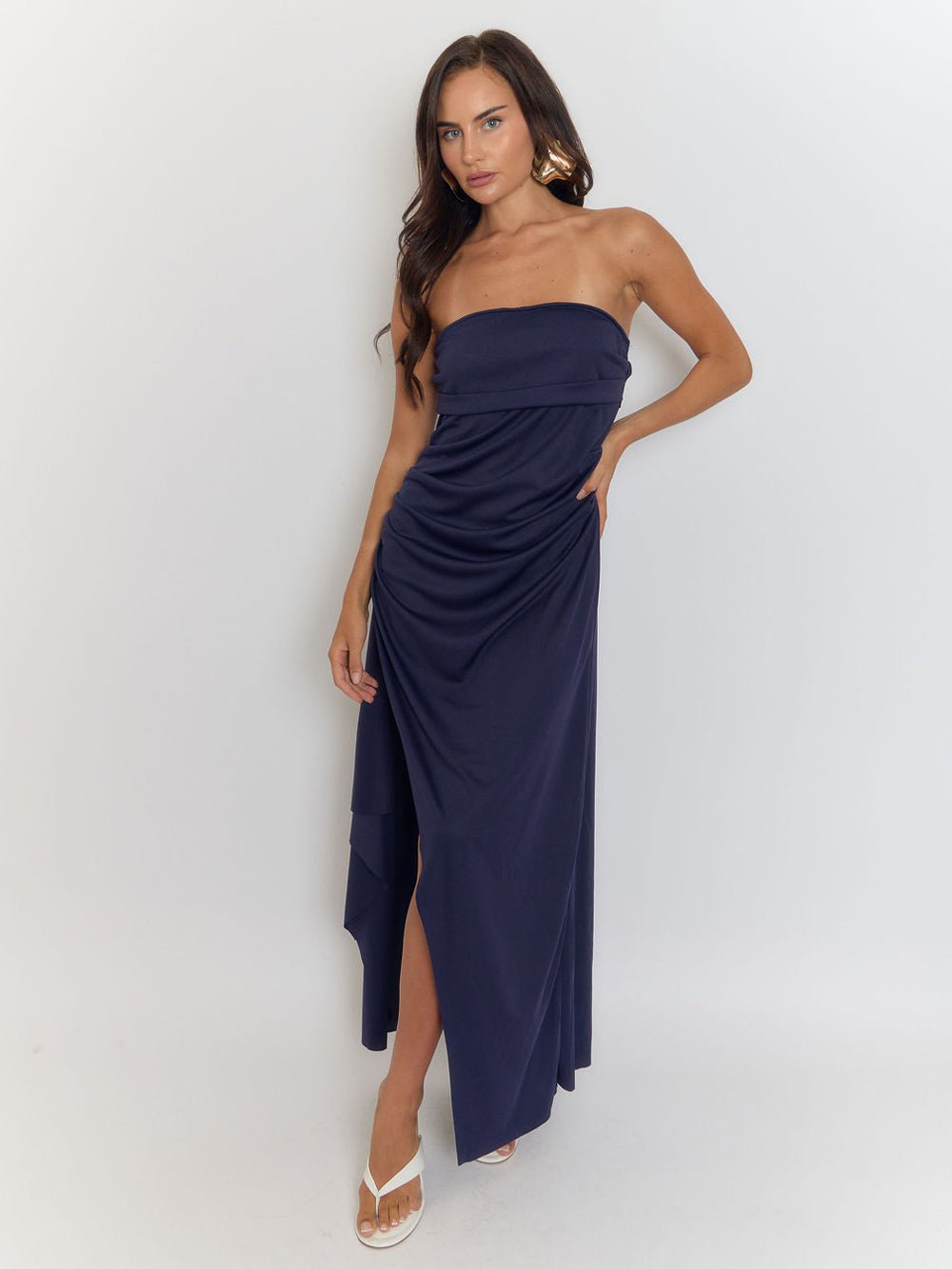 Strapless Side Ruched Drape High Slit Bandeau Maxi Dress