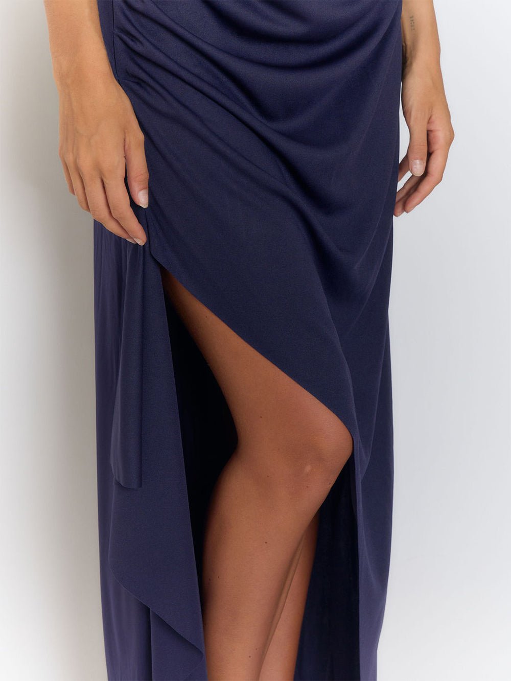 Strapless Side Ruched Drape High Slit Bandeau Maxi Dress