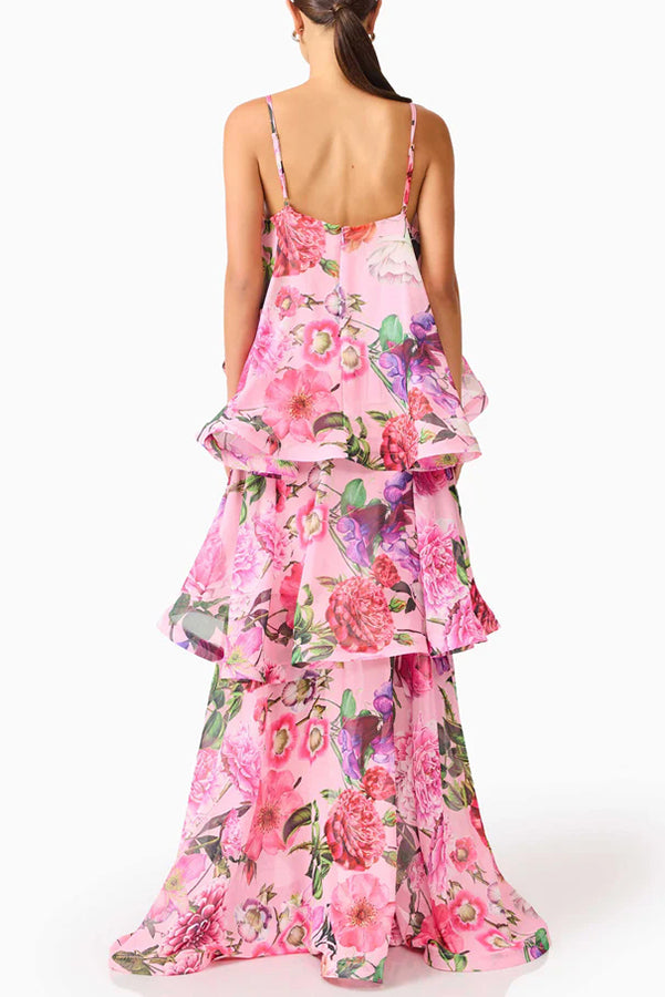 Armani Georgette Fabric Floral Print Tiered Slip Square Neck A-line Maxi Dress
