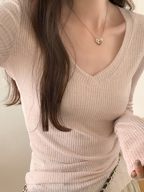 Ribbed V Neck Slim Long Sleeve Knit