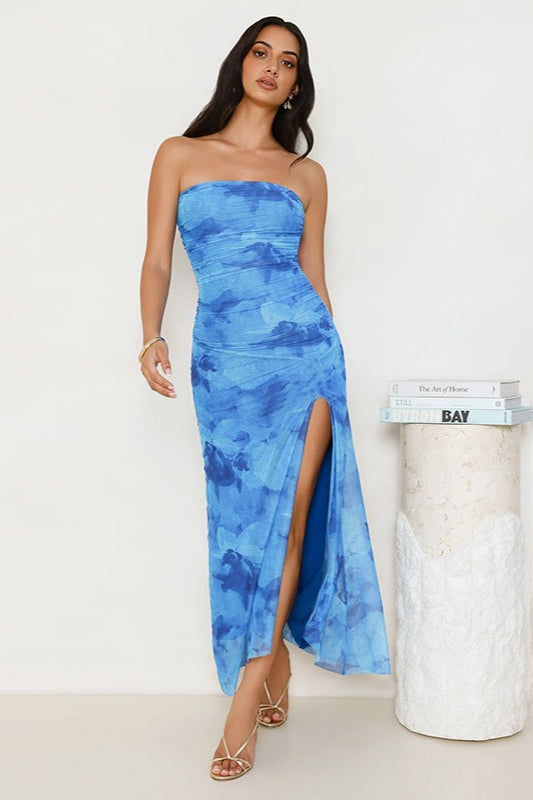 Strapless Abstract Print Mesh Overlay Ruched High Split Maxi Dress