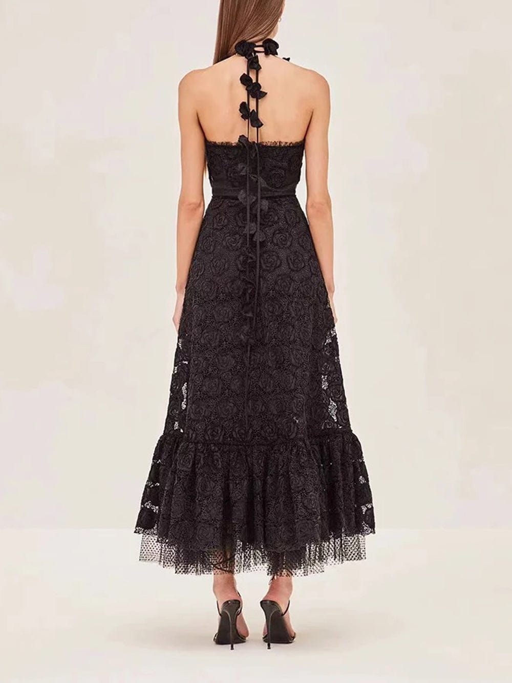 Floral Lace Spaghetti Strap 3D Floral Applique Tiered Ruffle Hem Maxi Dress