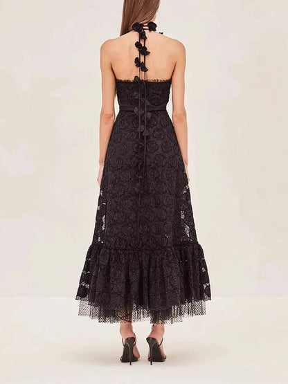 Floral Lace Spaghetti Strap 3D Floral Applique Tiered Ruffle Hem Maxi Dress