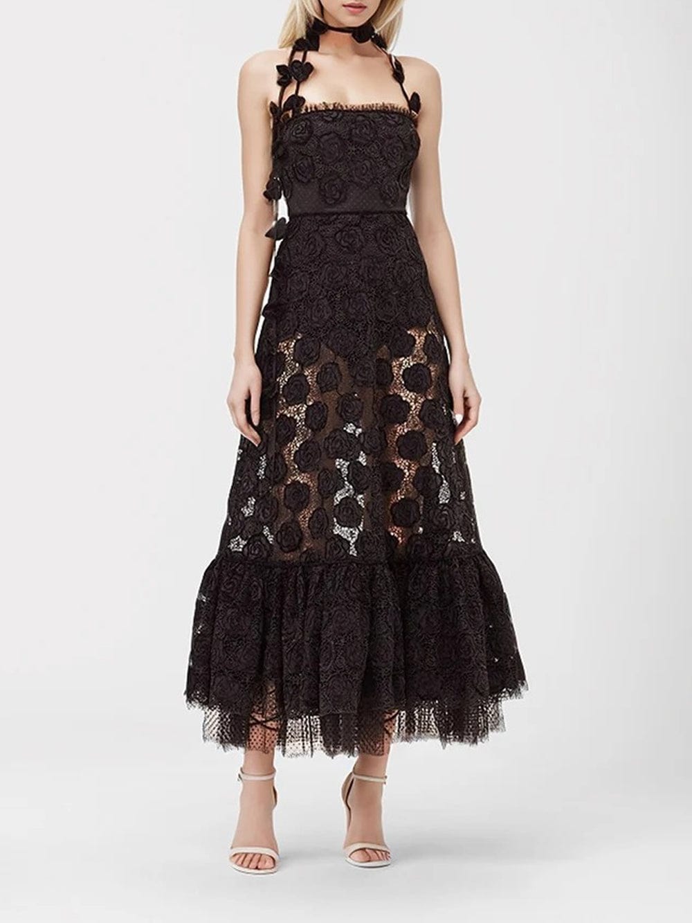 Floral Lace Spaghetti Strap 3D Floral Applique Tiered Ruffle Hem Maxi Dress